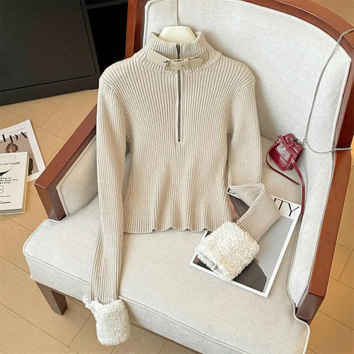 Load image into Gallery viewer, Autumn Winter 2025 Black Half Zipper Pullover Fashion Short Sweater Women Beige Long Sleeve Office Knitwear Warm Tops Clothing
