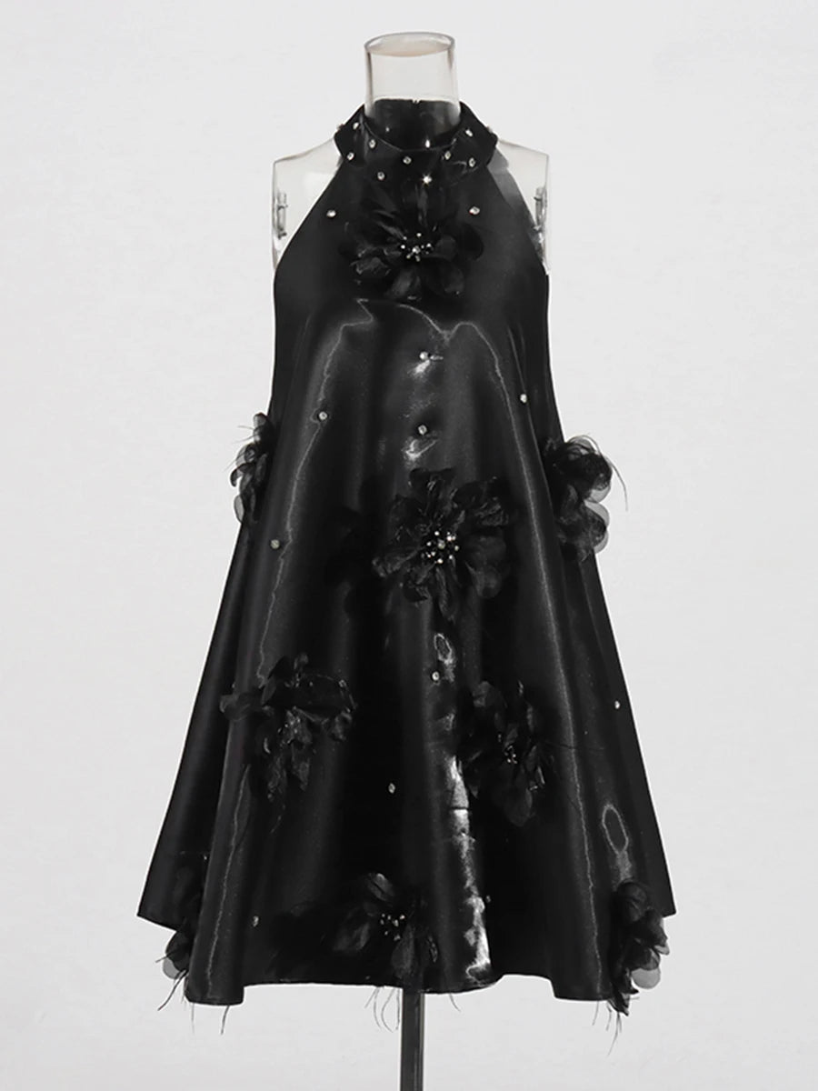 Solid Spliced Appliques Loose Dresses For Women O Neck Sleeveless High Waist Temperament Mini Dress Female Fashion