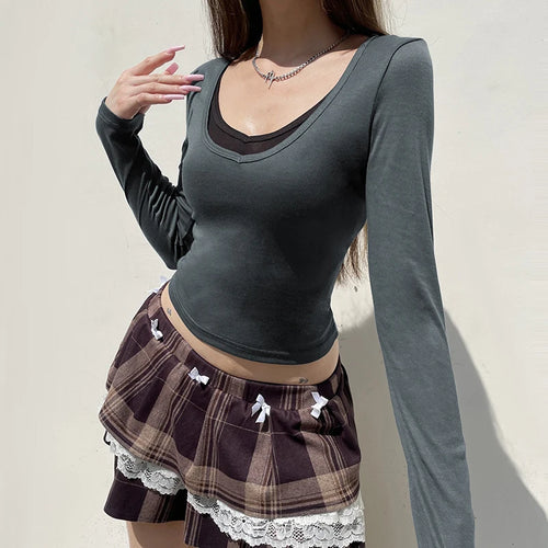 Load image into Gallery viewer, y2k Tops Women Goth Grunge Clothes Slim Fit V Neck Patchwork Long Sleeve Cropped T Shirts 2000s Clothing Streetwear
