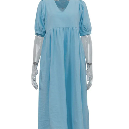 Load image into Gallery viewer, Short Puff Sleeve Maxi Dress For Women Fashion Autumn New Blue V Neck Loose Basic Casual Long Dress Elegant Gown
