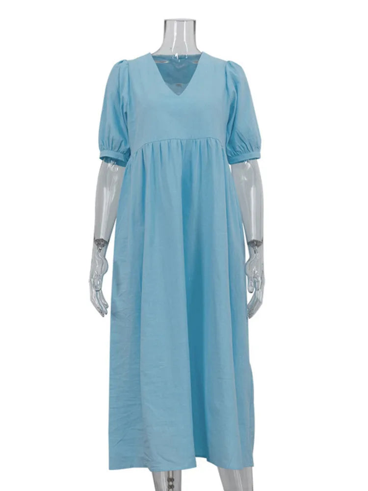 Short Puff Sleeve Maxi Dress For Women Fashion Autumn New Blue V Neck Loose Basic Casual Long Dress Elegant Gown
