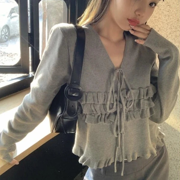 Autumn Ruffled Casual Solid Pullovers Women  Harajuku V Neck Bandage Jumper Loose Knitted Y2k Aesthetic Grunge Crop Sweaters