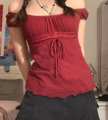 2000s Aesthetic Sweet Lace Tops Women Off Shoulder Drawstring T-shirt Korean Fashion Female Tee Fairy Grunge Streetwear