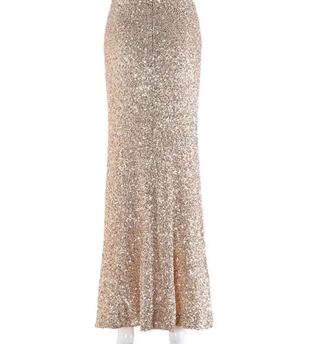 High Elastic Waist Khaki Sequins Elegant Long Party Half-body Skirt Women Fashion Tide New Spring Autumn 2025 1DH9406