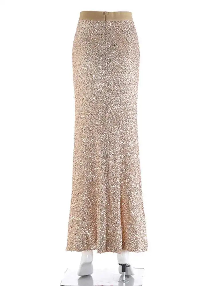 High Elastic Waist Khaki Sequins Elegant Long Party Half-body Skirt Women Fashion Tide New Spring Autumn 2025 1DH9406