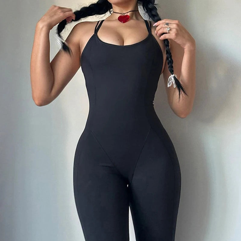 Streetwear Spaghetti Strap Fitness Summer Jumpsuit Backless Solid One Piece Bodysuit Gym Rompers Workout Yoga Outfits