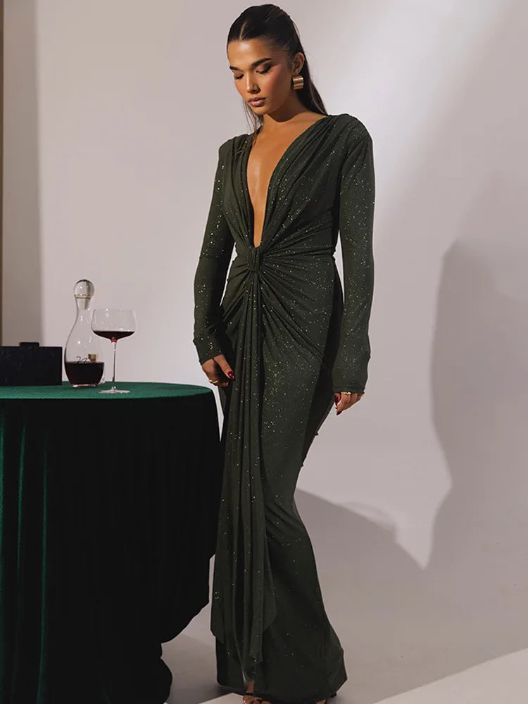 Elegant Long Sleeve Elastic Tight Party Evening Dress For Women Sexy Deep V-Fold Lace Vestido Autumn/Winter New 2025