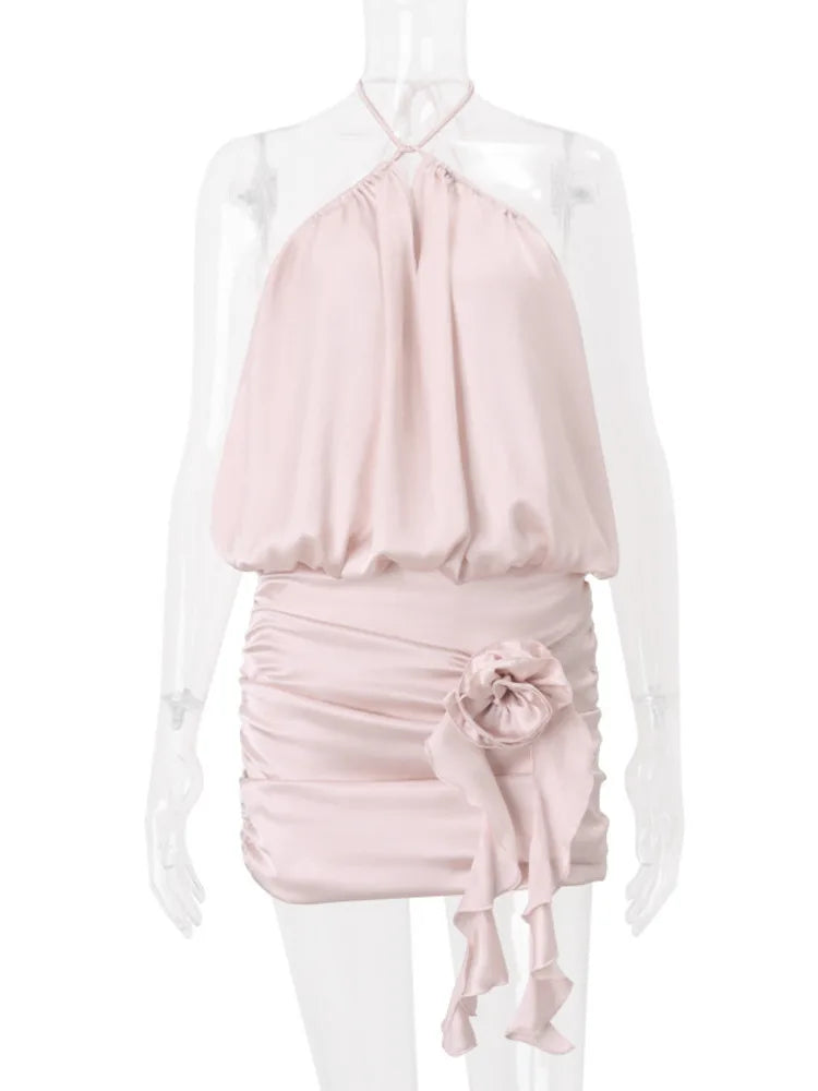 Sexy Sleeveless Hanging Collar Slim Satin Dress For Women Winter 2025 New Backless Suspender Hanging Neck Party Clubwear