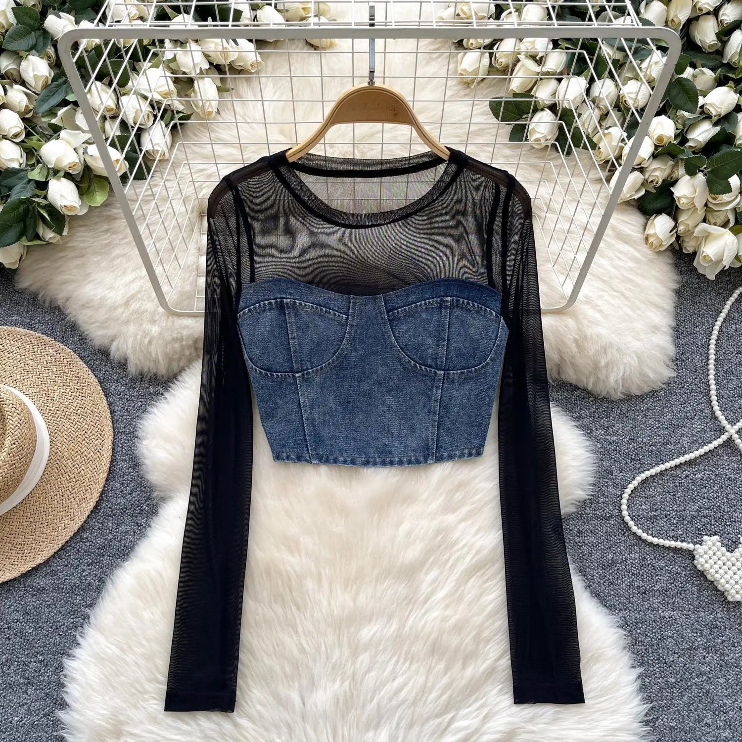 Retro Women Denim Patchwork Mesh Long Sleeved Short Top Autumn Korean Fashion Versatile Elegant Round Neck T Shirt Trend Popular