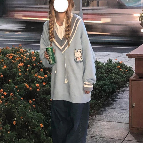 Load image into Gallery viewer, V-neck Loose Sweater Women Y2k Aesthetics Pullover Harajuku Rabbit Kawaii Blue Jumpers Grunge Korean Fashion Cute Tops

