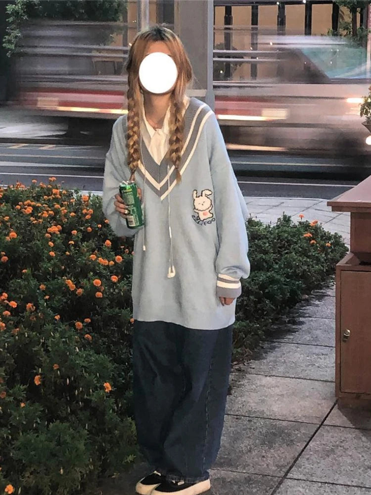 V-neck Loose Sweater Women Y2k Aesthetics Pullover Harajuku Rabbit Kawaii Blue Jumpers Grunge Korean Fashion Cute Tops