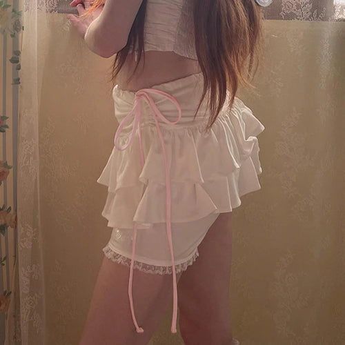 Load image into Gallery viewer, Sweet Pink Korean Skinny Shorts Skirt Cutecore Lace Trim Ruffles Coquette Clothes Tie Up Folds Mini Skirt Women Cake
