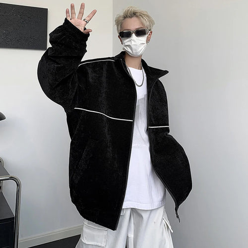 Load image into Gallery viewer, American Style Men&#39;s Jackets Loose Stand Collar Vertical Stripe Contrast Color Tops Zippers Casual Male Coat Trendy 9C6596
