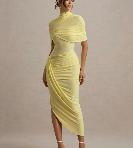 Half Sleeve Backless Ruched Sexy Maxi Dress Women Summer New Turtleneck Slim High Waist Evening Club Party Long Dress