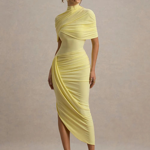 Load image into Gallery viewer, Half Sleeve Backless Ruched Sexy Maxi Dress Women Summer New Turtleneck Slim High Waist Evening Club Party Long Dress
