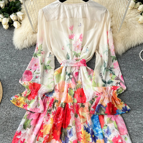 Load image into Gallery viewer, Bohemian Women Beige Flower Vacation Temperament Bandage Pleated Short Dresses Spring V Neck High Waist Party Prom Dress Popular
