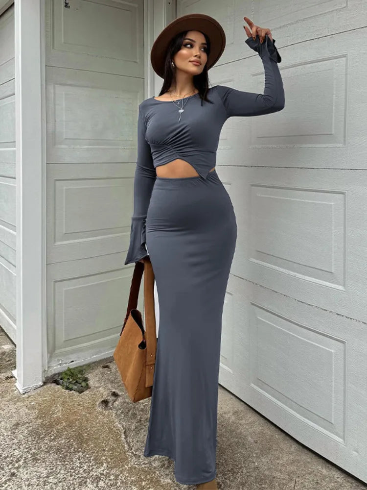 Elegant Long Sleeved Elastic Tight Top Half Skirt Women's Set Sexy Party Club Evening Dress Two-piece Set Spring 2025
