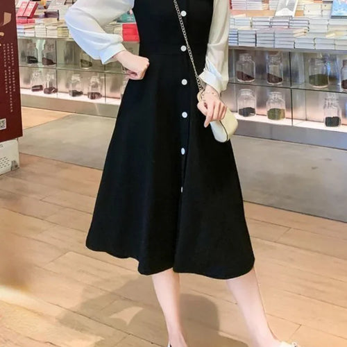 Load image into Gallery viewer, Korean Style Black Dress Women Vintage Square Collar Long Sleeve Midi Dresses Kpop Fashion Autumn Robes Female
