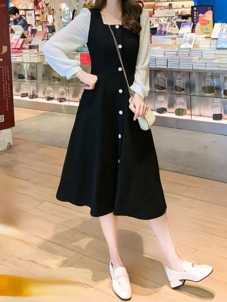 Korean Style Black Dress Women Vintage Square Collar Long Sleeve Midi Dresses Kpop Fashion Autumn Robes Female