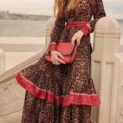 Load image into Gallery viewer, Printing Leopard Casual Chic Dresses For Women Stand Collar Long Sleeve High Waist Spliced Lace Up Side Split Dress Female
