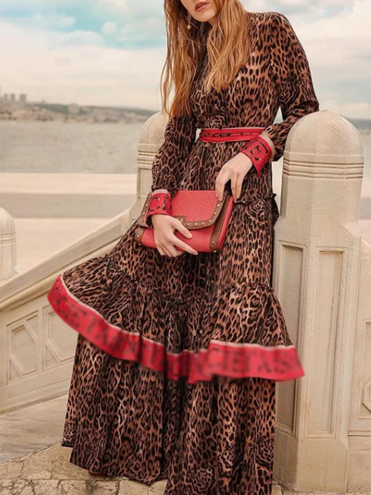 Printing Leopard Casual Chic Dresses For Women Stand Collar Long Sleeve High Waist Spliced Lace Up Side Split Dress Female