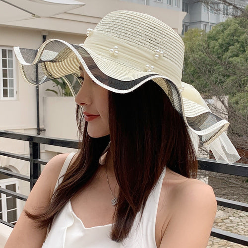 Load image into Gallery viewer, Women&#39;s Summer Hat Fashion Wave Mesh Pearl Design Straw Sun Hat Female Travel  Beach Bucket Hat
