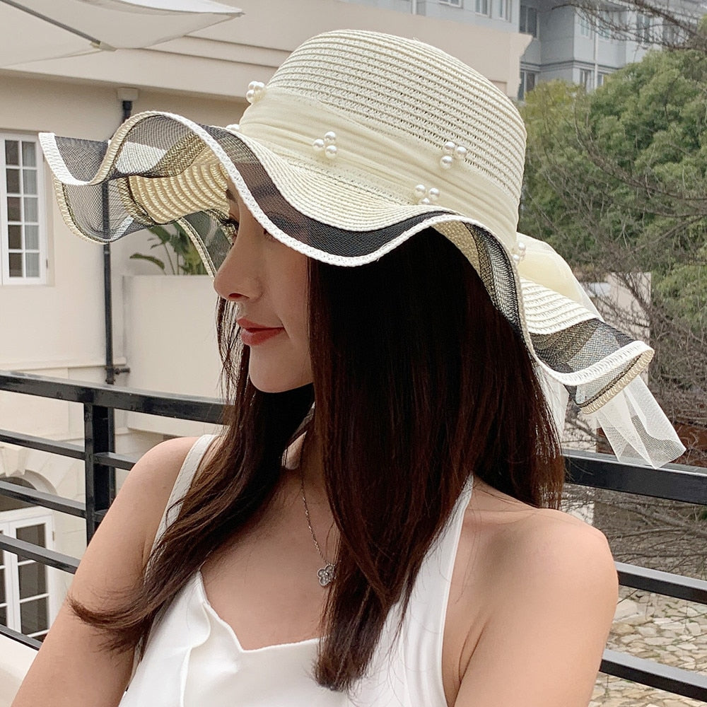 Women's Summer Hat Fashion Wave Mesh Pearl Design Straw Sun Hat Female Travel  Beach Bucket Hat