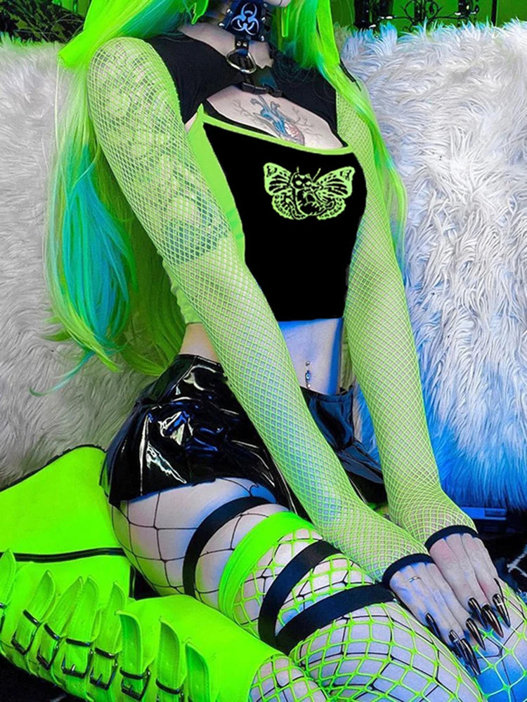 Gothic Cyber y2k Neon Green Fishnet Patchwork Smock Top Sexy Dark Academia Women's T-shirts 2 Pieces Party Aesthetic