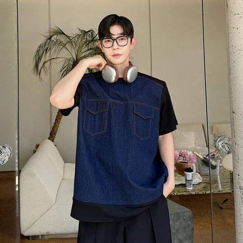 Load image into Gallery viewer, Korean Male T-shirt Denim Personalized Patchwork Short Sleeved Men&#39;s Top Pocket Decoration O-neck Summer Trend 9C6450
