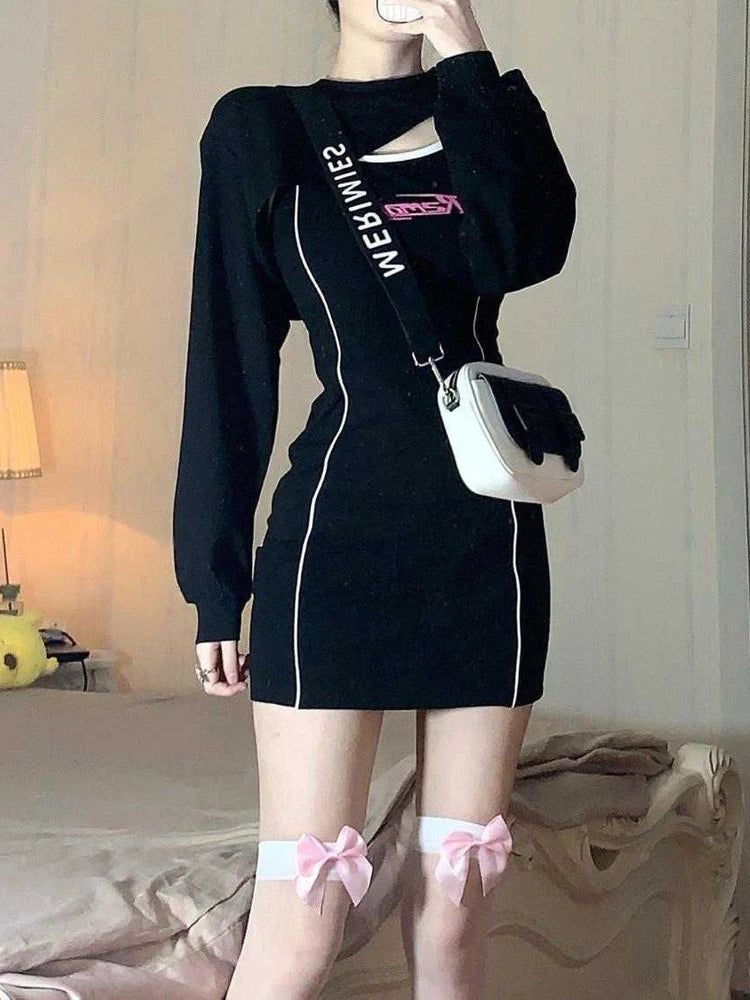 Y2k Bodyocn Slim Slip Mini Dress Women 2000s Korean Style Letter Print Sexy Short Dresses Kawaii Kpop Summer Outfits