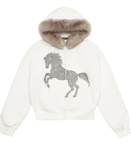 Women's Furry Hooded Jacket Y2k Hoodies Heavy Diamond Zipper Coat Streetwear Thicked Casual Fashion Sweatshirts Ropa Mujer 2024