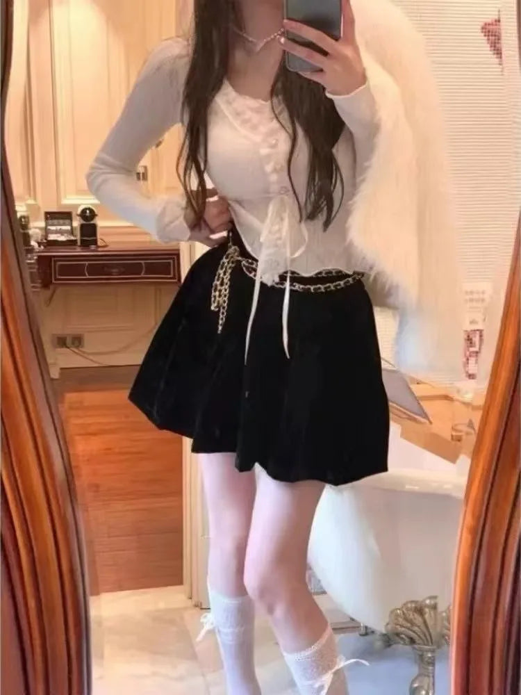 Fake Two Pieces Women Gentle Crop Cardigans Y2k Aesthetic Sweet Single Breasted Sweaters Sweet Bandage Slim Fit Grunge Knitwear