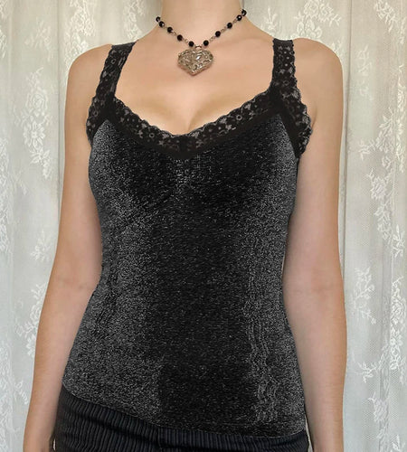 Fashion Black Lace Patchwork Skinny Camis Women Sleeveless Y2K Aesthetic Vintage Party Crop Tops Bling Clubwear Basic