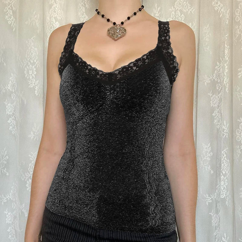 Fashion Black Lace Patchwork Skinny Camis Women Sleeveless Y2K Aesthetic Vintage Party Crop Tops Bling Clubwear Basic