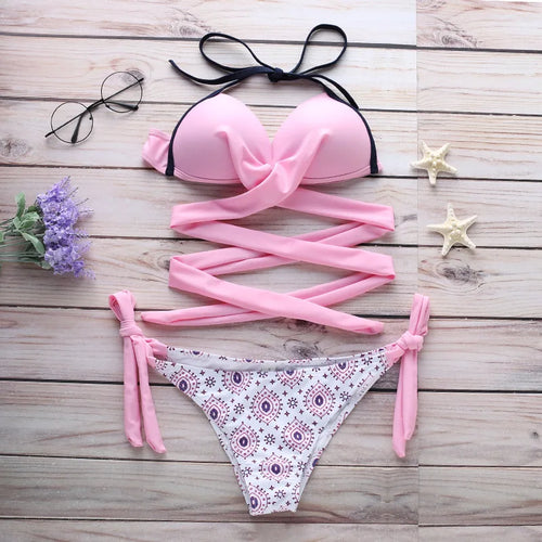 Load image into Gallery viewer, Floral Thong Bikini 2024 Plus Size Brazilian Push Up Swimsuit Women Cross Swimwear Bandage Bathing Suit
