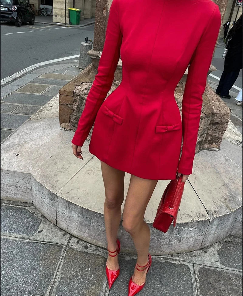 Double Bow Long Sleeve Sexy Mini Dress For Women Autumn Winter New Solid High Waist Bodycon Club Party Dress Elegant
