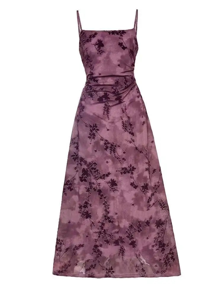 Women Brown Printed Vintage Long Spaghetti Strap Dress New Round Neck Sleeveless Fashion Tide Spring Summer 2025 1DJ0289