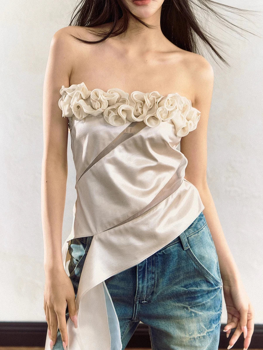 Hit Color Slimming Spliced Appliques Vests For Women Strapless Sleeveless Tunic Temperament Chic Vest Female New