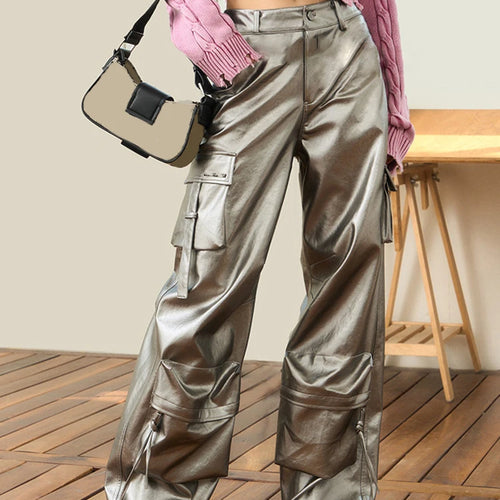 Load image into Gallery viewer, Solid Casual Patchwork Pockets Loose Leather Pants For Women High Waist Spliced Button Wide Leg Cargo Pant Female
