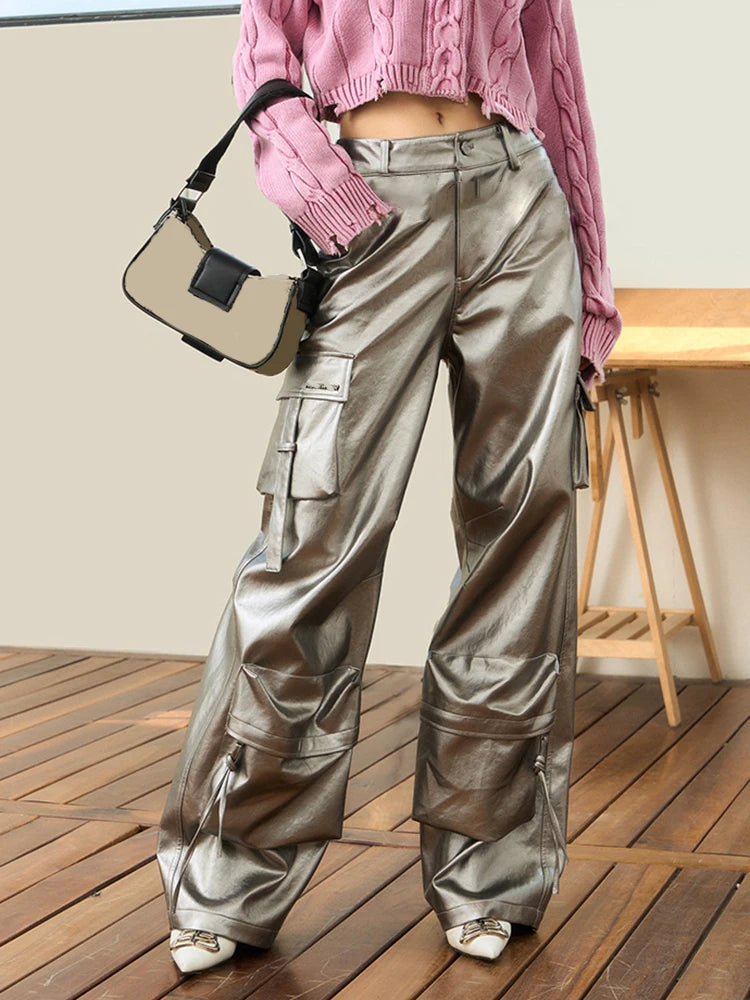 Solid Casual Patchwork Pockets Loose Leather Pants For Women High Waist Spliced Button Wide Leg Cargo Pant Female