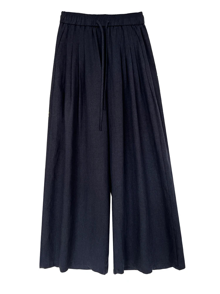 High Elastic Waist Beige Linen Drawstring Long Wide Leg Pants New Trousers Women Fashion Tide Spring Autumn 2025  1DJ0991