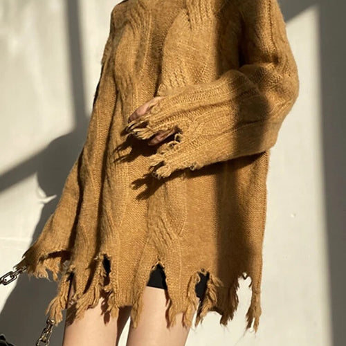 Load image into Gallery viewer, Raw Hem Spliced Tassel Knitting Sweaters For Women Diagonal Collar Long Sleeve Loose Casual Pullover Sweater Female
