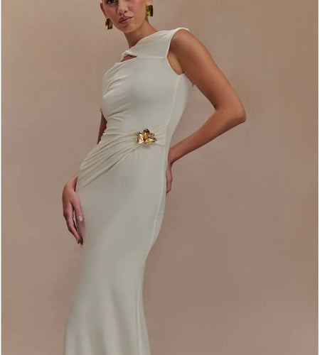 Elegant Sleeveless Metal Flower Bodycon Party Club Evening Dress Women Sexy Backless Slimming Spring 2025 New Vestido