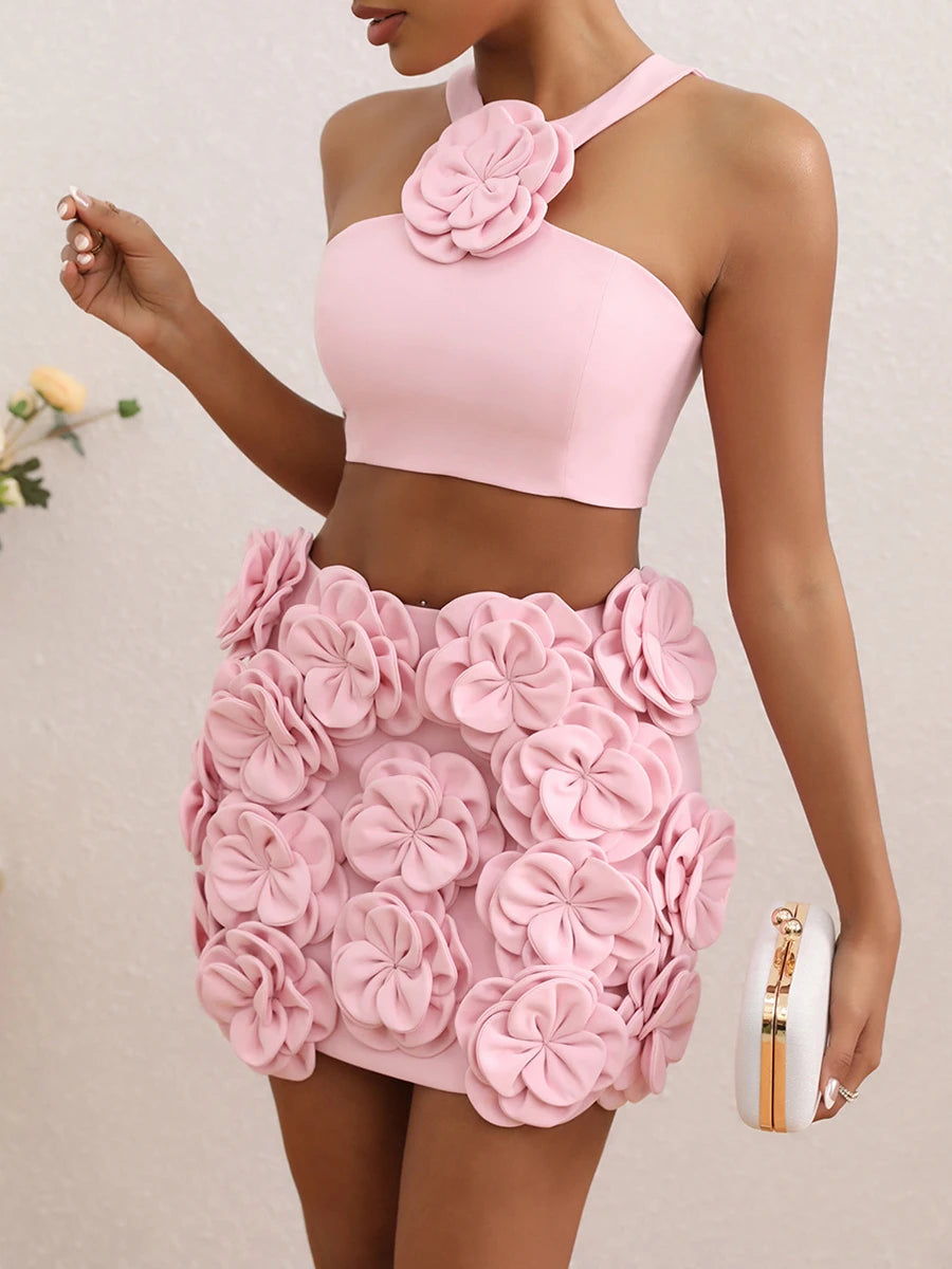 Solid Spliced Appliques Two Piece Set For Women Halter Sleeveless Top High Waist Mini Slimming Skirt Sets Female