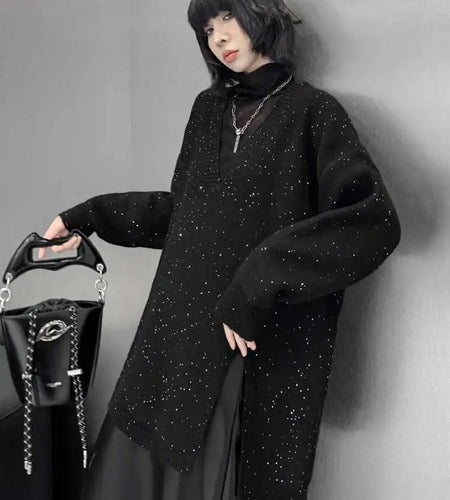 Black Sequins Slit Big Size Knitting Sweater V-Neck Long Sleeve Women Pullovers New Fashion Spring Autumn 2025 1DH9222