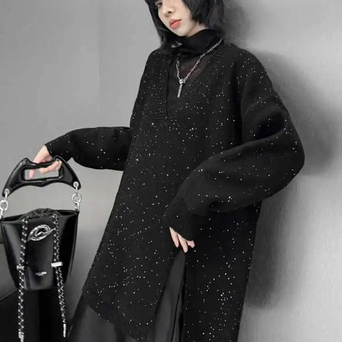 Load image into Gallery viewer, Black Sequins Slit Big Size Knitting Sweater V-Neck Long Sleeve Women Pullovers New Fashion Spring Autumn 2025 1DH9222
