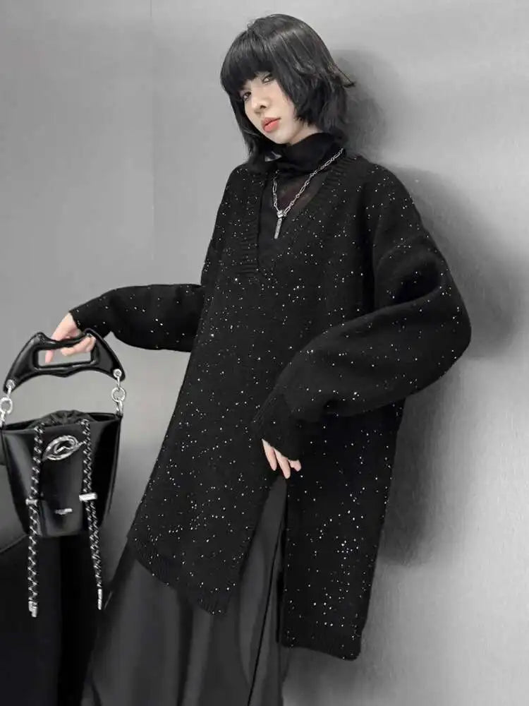 Black Sequins Slit Big Size Knitting Sweater V-Neck Long Sleeve Women Pullovers New Fashion Spring Autumn 2025 1DH9222