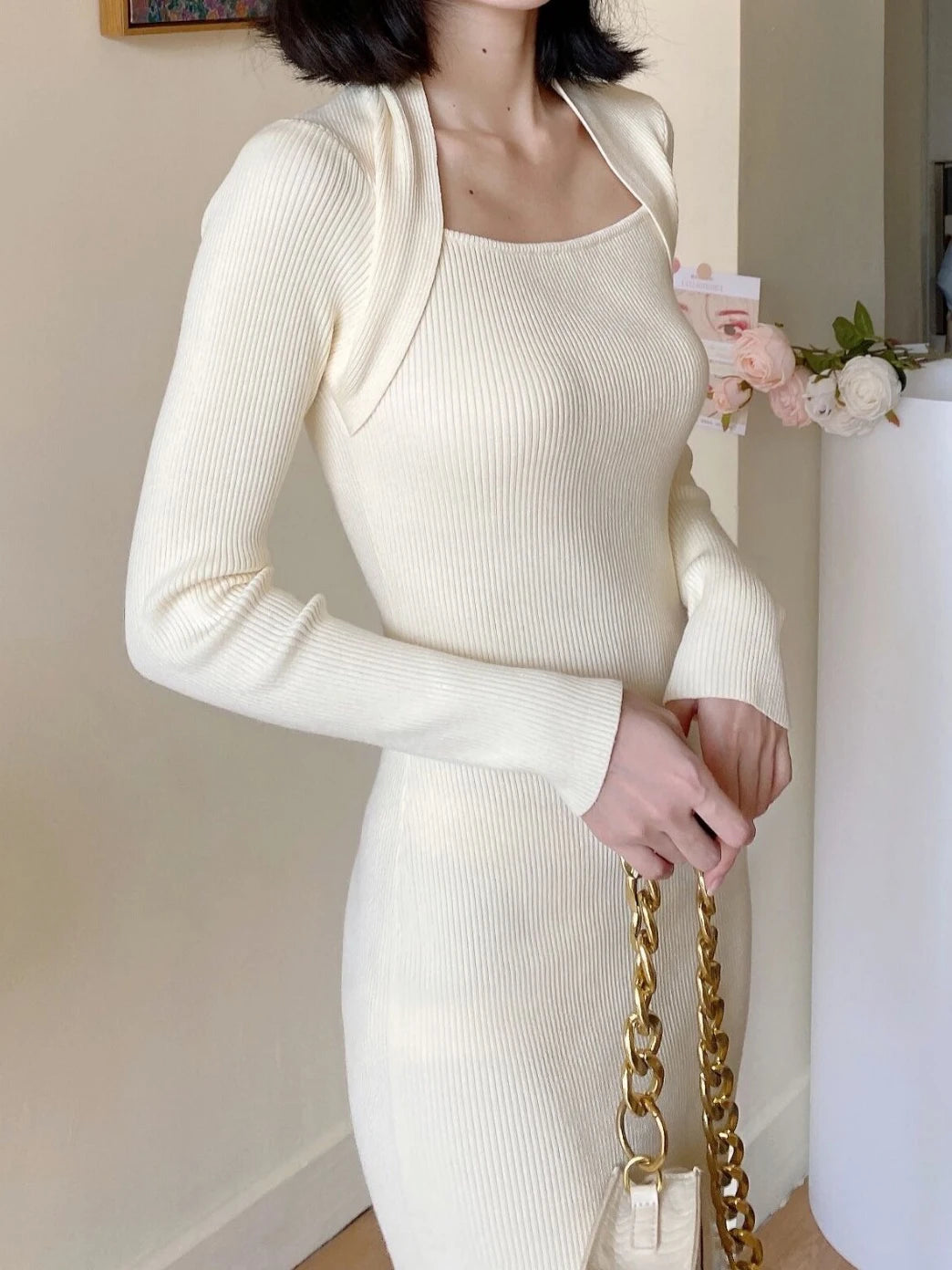 Thicken Chic Knitted Dress Women Raglan Sleeve Elegant Party Wool Vestido Korean Business Sheath Slim Knitwear Winter C-189