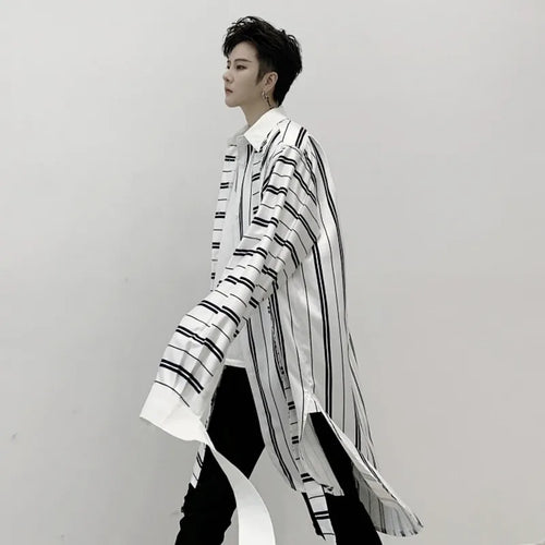 Load image into Gallery viewer, Niche Style Male Shirts Stripe Patchwork Loose Lace-up Casual Tops Lapel Long Sleeve Men&#39;s Clothing Spring Tide 9C6364
