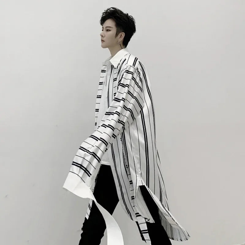 Niche Style Male Shirts Stripe Patchwork Loose Lace-up Casual Tops Lapel Long Sleeve Men's Clothing Spring Tide 9C6364